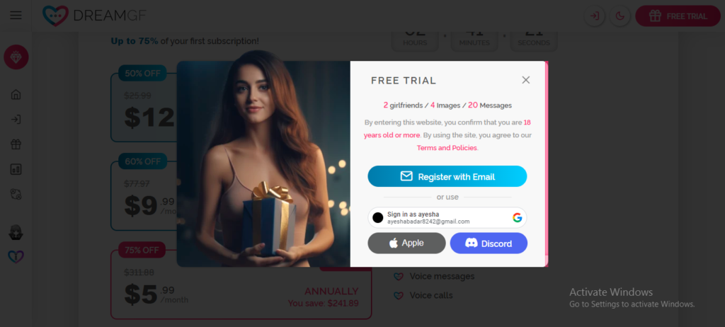 signing up for dreamGF